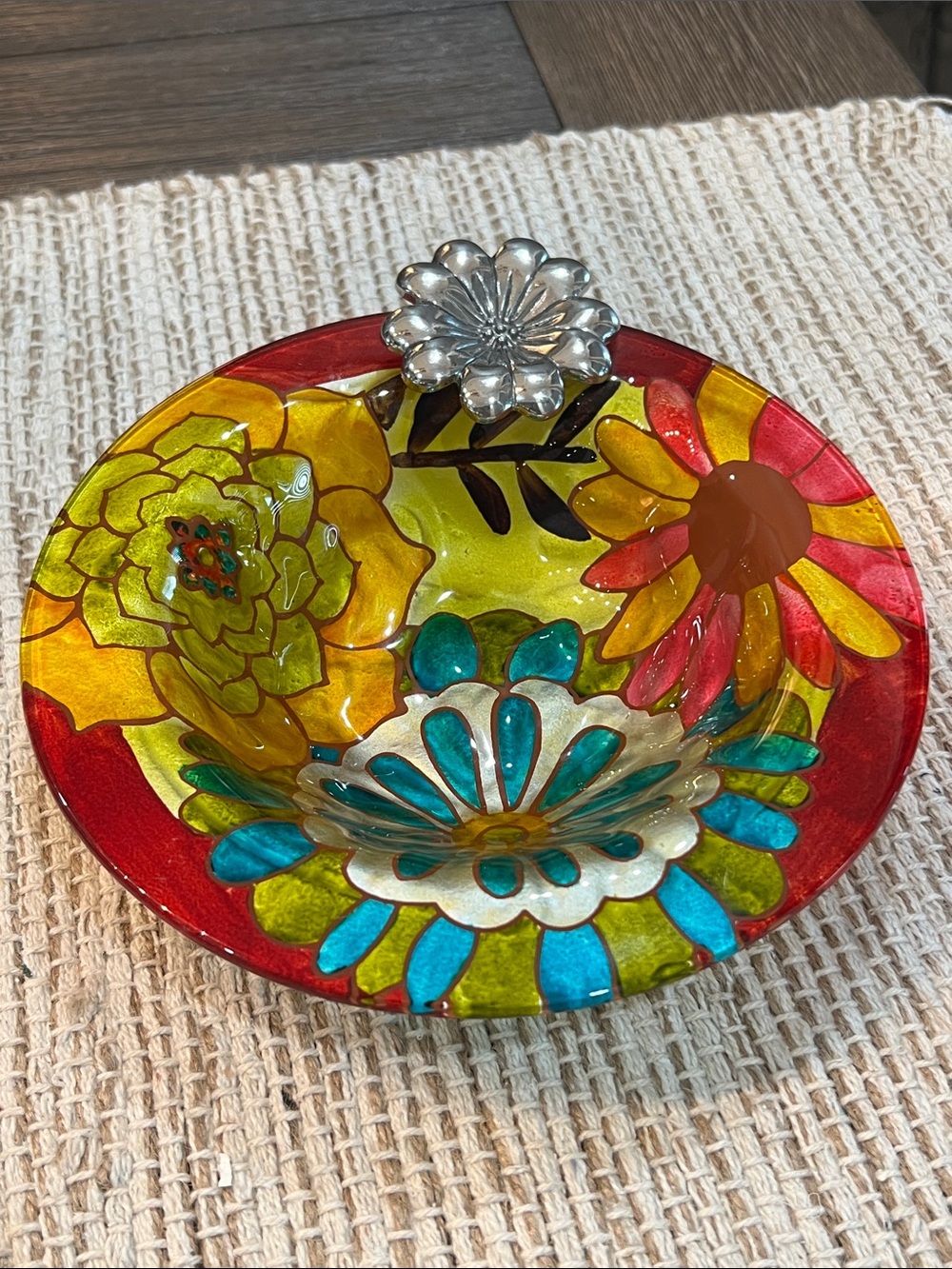 2 RARE Jennifer Brinley Hand-Painted Floral Glass Bowls Entitled Natures Garden